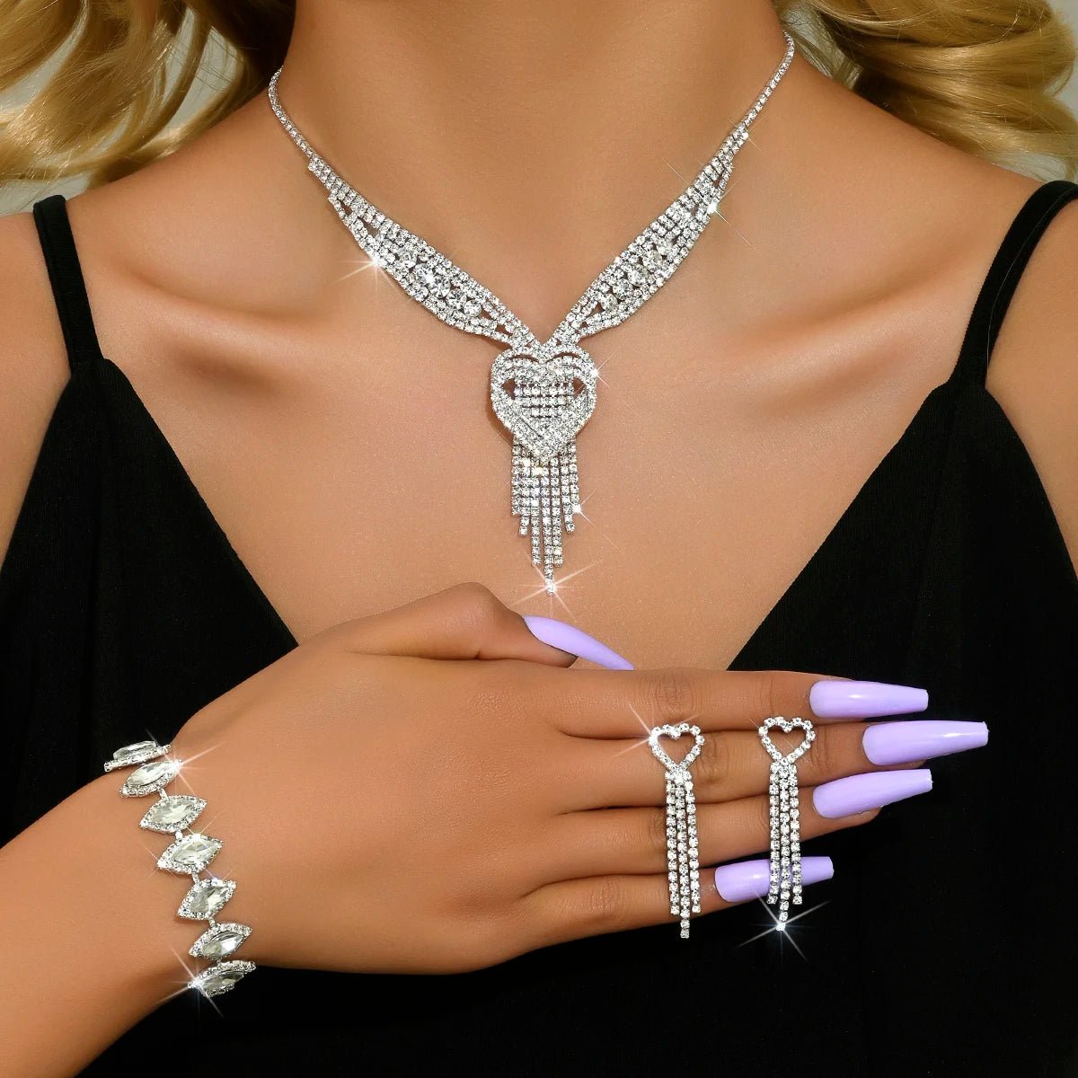 Ladies' jewelry, equipped with rhinestone tassel earrings, necklaces, bracelet sets, wedding party accessories