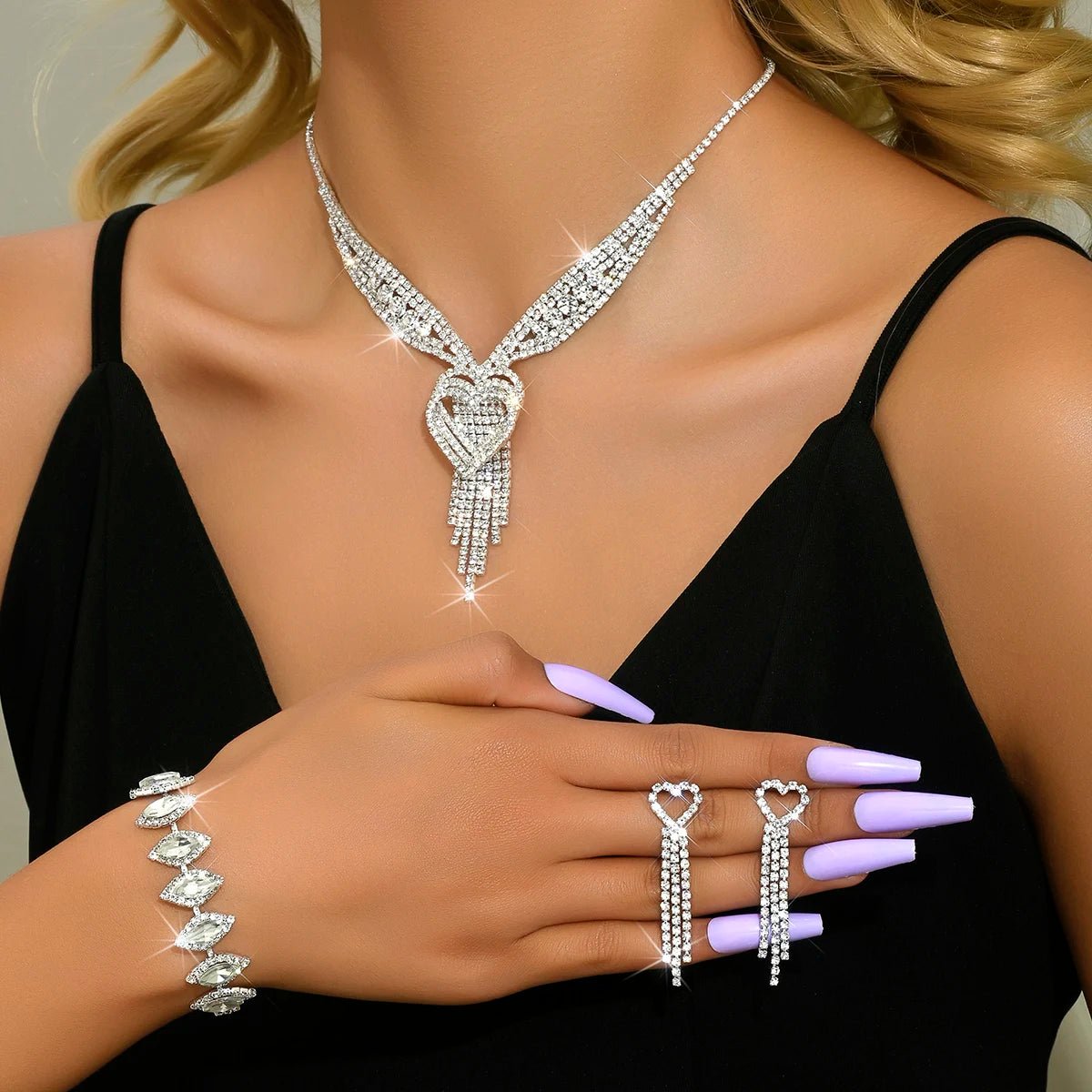 Ladies' jewelry, equipped with rhinestone tassel earrings, necklaces, bracelet sets, wedding party accessories