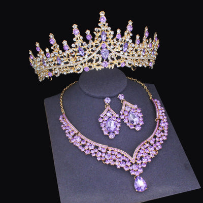 Luxury Crystal Wedding Bridal Jewelry Sets Women/Girl Gold Color Tiara/Crown Earrings Choker Necklace Bride Jewelry Set