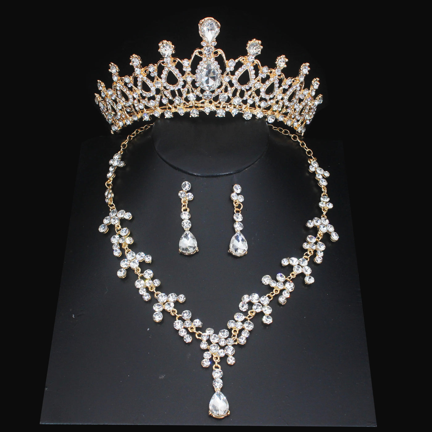 Luxury Crystal Wedding Bridal Jewelry Sets Women/Girl Gold Color Tiara/Crown Earrings Choker Necklace Bride Jewelry Set