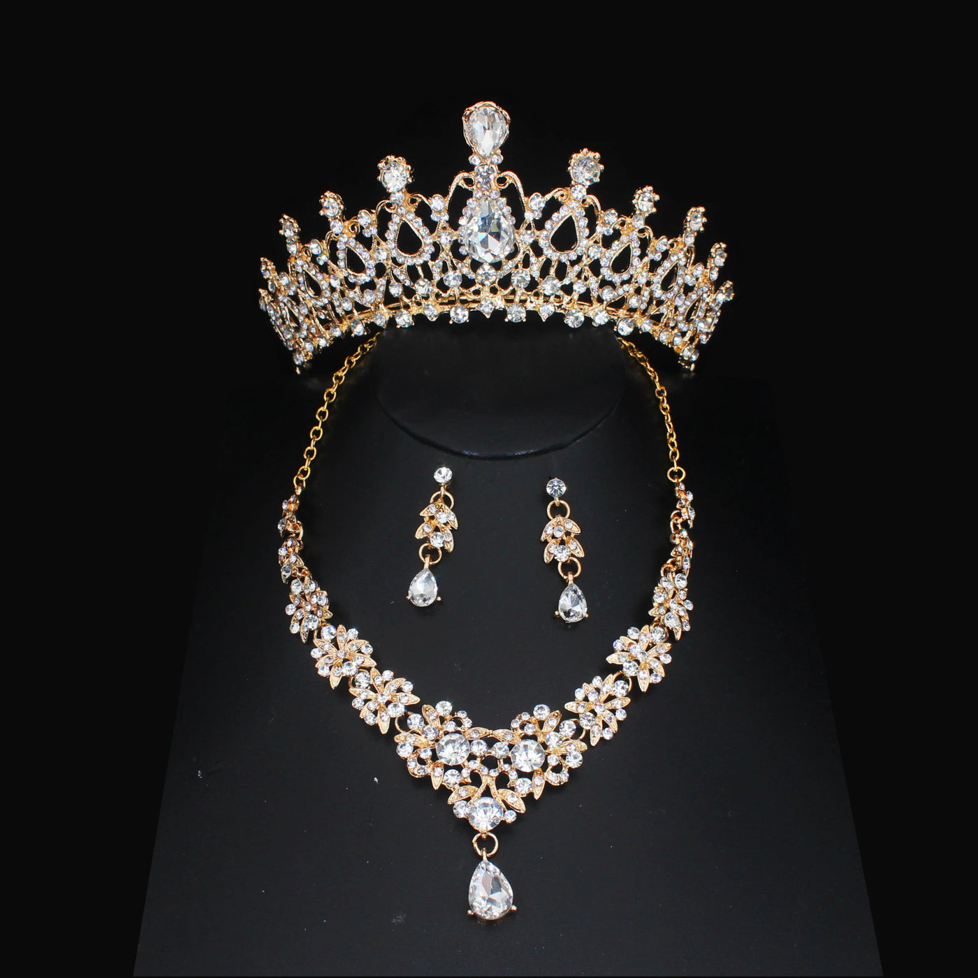 Luxury Crystal Wedding Bridal Jewelry Sets Women/Girl Gold Color Tiara/Crown Earrings Choker Necklace Bride Jewelry Set