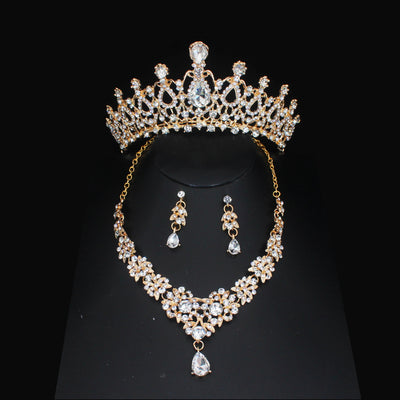 Luxury Crystal Wedding Bridal Jewelry Sets Women/Girl Gold Color Tiara/Crown Earrings Choker Necklace Bride Jewelry Set