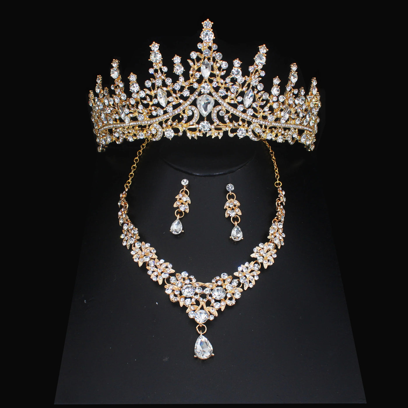 Luxury Crystal Wedding Bridal Jewelry Sets Women/Girl Gold Color Tiara/Crown Earrings Choker Necklace Bride Jewelry Set