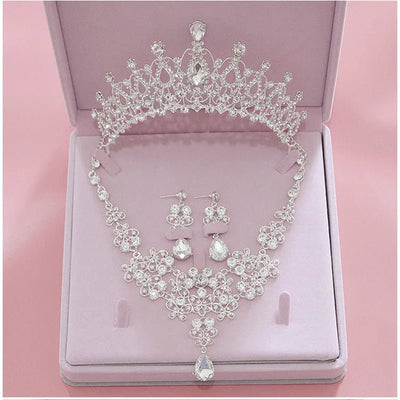 Luxury Crystal Wedding Bridal Jewelry Sets Women/Girl Gold Color Tiara/Crown Earrings Choker Necklace Bride Jewelry Set