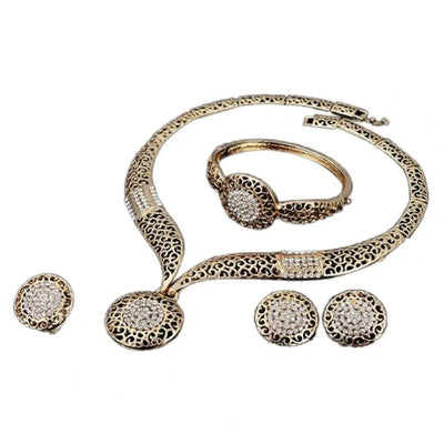 Retro Jewelry Sets Shiny Hollow Design Necklaces Bracelets Ring Sets Golden High Quality Women Necklace Set Wedding Engagement