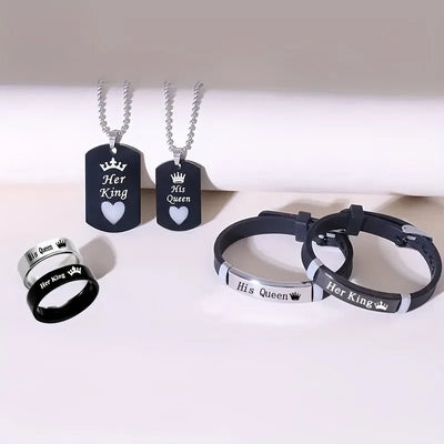 Stainless Steel Luminous Her King&His Queen Crown Jewelry Sets for Women Necklace Bracelet Ring Statement Couple Jewelry Gifts