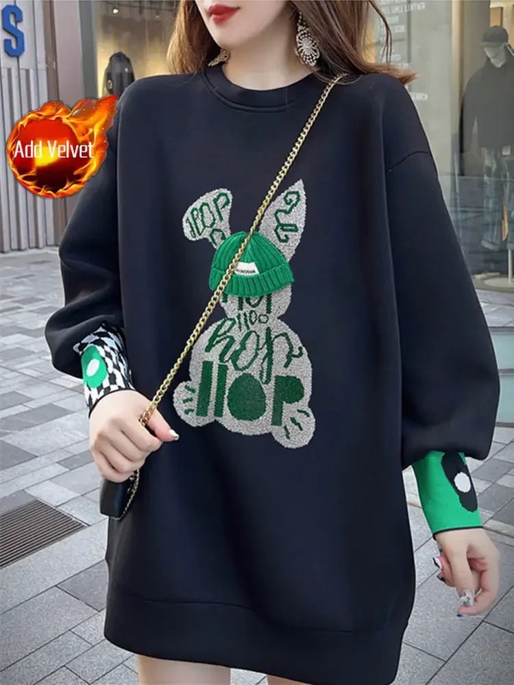 Sweatshirt for Women BlackGraphic Long  Woman Tops Loose Embroidered Pullover Baggy Korean Popular Clothes Emo New in 2025 Trend