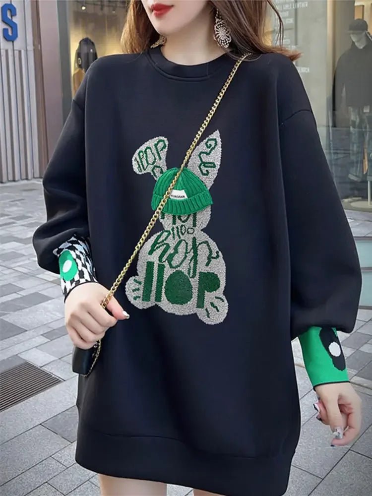 Sweatshirt for Women BlackGraphic Long  Woman Tops Loose Embroidered Pullover Baggy Korean Popular Clothes Emo New in 2025 Trend