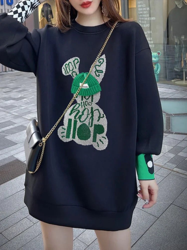 Sweatshirt for Women BlackGraphic Long  Woman Tops Loose Embroidered Pullover Baggy Korean Popular Clothes Emo New in 2025 Trend