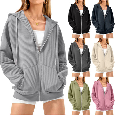 Sweatshirts for women, spring and autumn thin hooded cardigans New design zip-up jacket tops Waffle sweatshirts Fall Outfits
