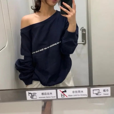 Sweatshirts Women Skew Neck Off Shoulder Baggy All-match Casual Streetwear Spicy Girls American Retro Tops Autumn Unique Daily