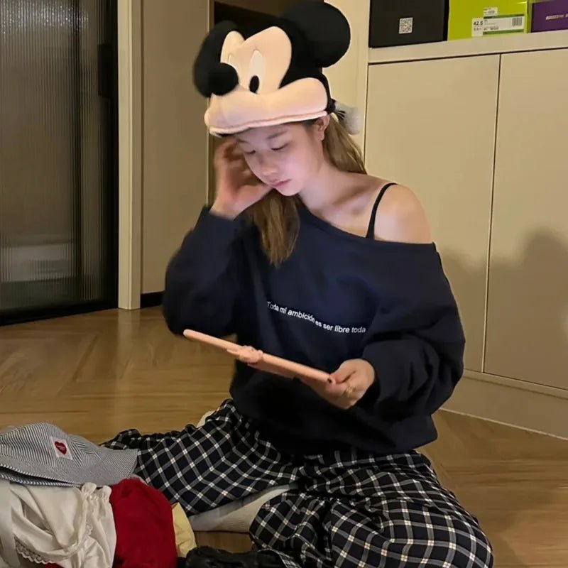 Sweatshirts Women Skew Neck Off Shoulder Baggy All-match Casual Streetwear Spicy Girls American Retro Tops Autumn Unique Daily