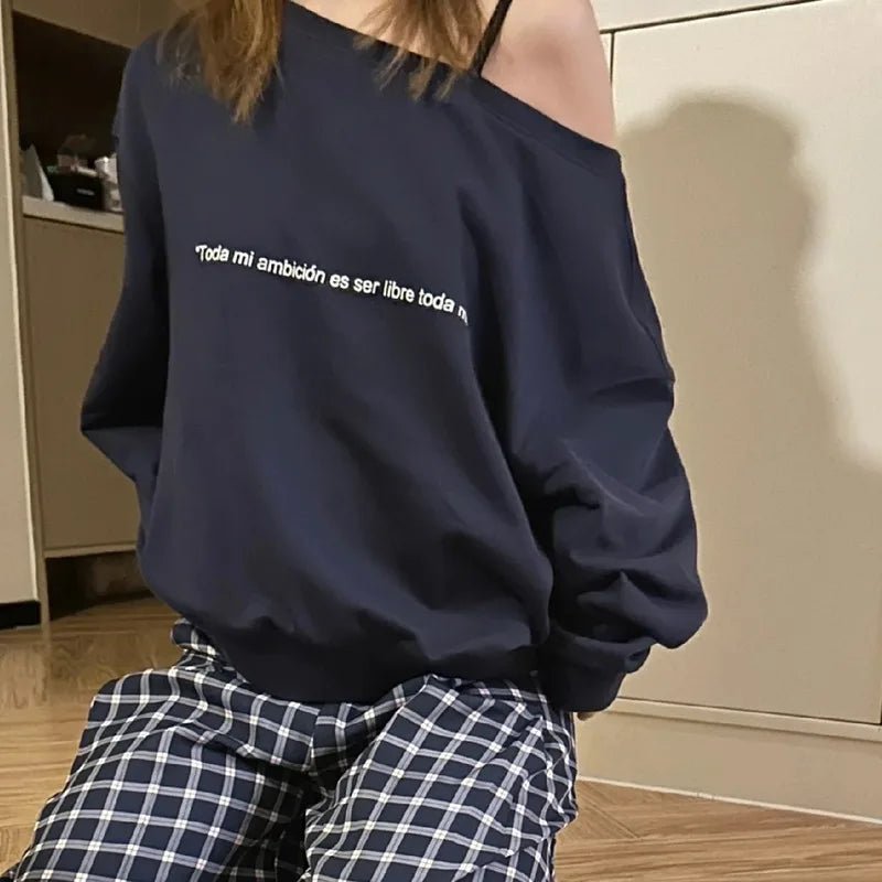 Sweatshirts Women Skew Neck Off Shoulder Baggy All-match Casual Streetwear Spicy Girls American Retro Tops Autumn Unique Daily
