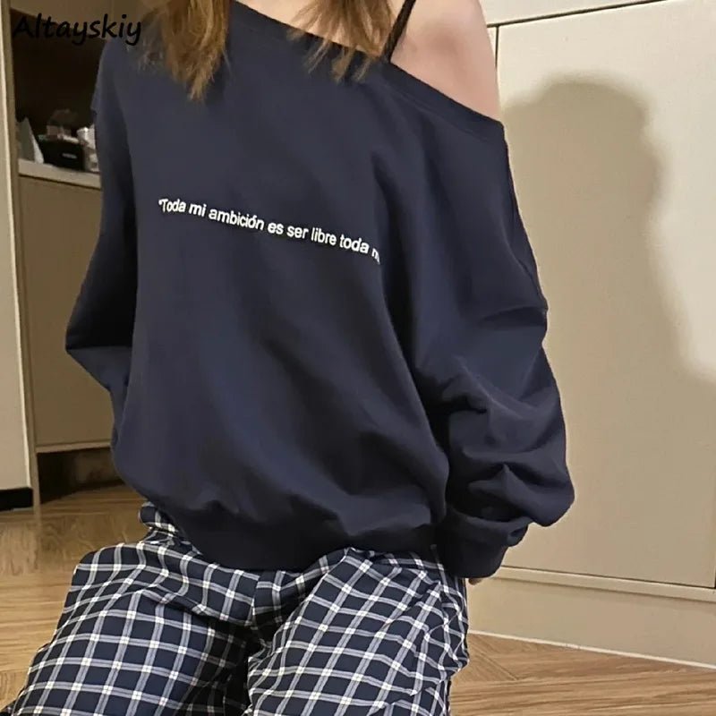 Sweatshirts Women Skew Neck Off Shoulder Baggy All-match Casual Streetwear Spicy Girls American Retro Tops Autumn Unique Daily