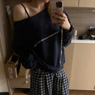 Sweatshirts Women Skew Neck Off Shoulder Baggy All-match Casual Streetwear Spicy Girls American Retro Tops Autumn Unique Daily