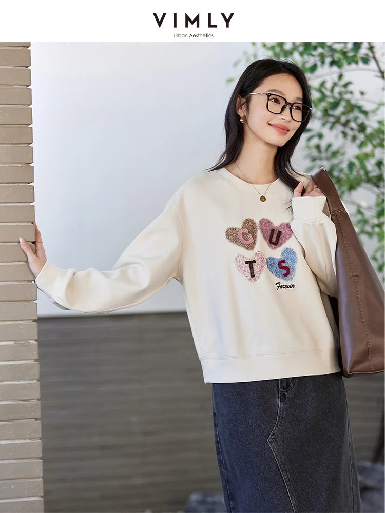 VIMLY Women's Graphic Sweatshirt 2025 Spring Autumn Letter Embroidered Loose Crew Neck Long Sleeve Top Woman Clothing A0399