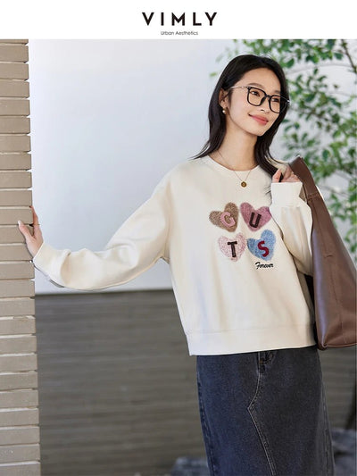 VIMLY Women's Graphic Sweatshirt 2025 Spring Autumn Letter Embroidered Loose Crew Neck Long Sleeve Top Woman Clothing A0399