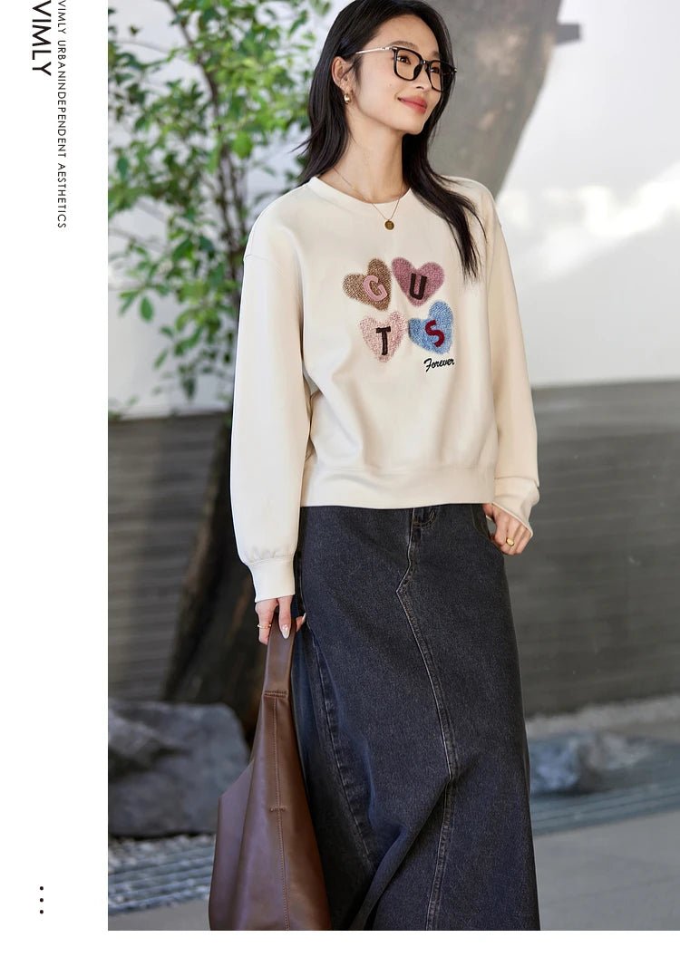 VIMLY Women's Graphic Sweatshirt 2025 Spring Autumn Letter Embroidered Loose Crew Neck Long Sleeve Top Woman Clothing A0399