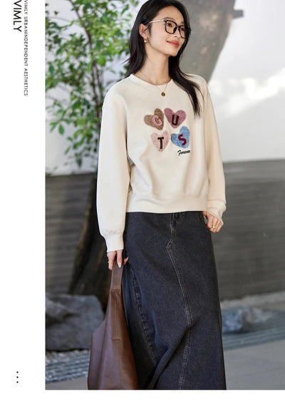 VIMLY Women's Graphic Sweatshirt 2025 Spring Autumn Letter Embroidered Loose Crew Neck Long Sleeve Top Woman Clothing A0399