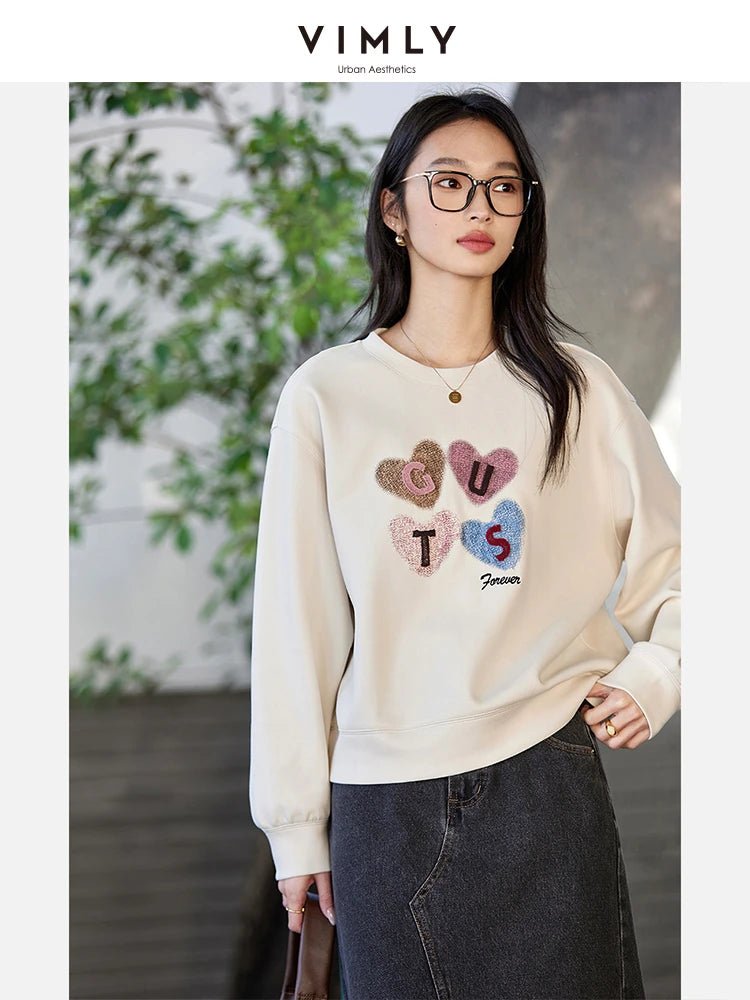 VIMLY Women's Graphic Sweatshirt 2025 Spring Autumn Letter Embroidered Loose Crew Neck Long Sleeve Top Woman Clothing A0399