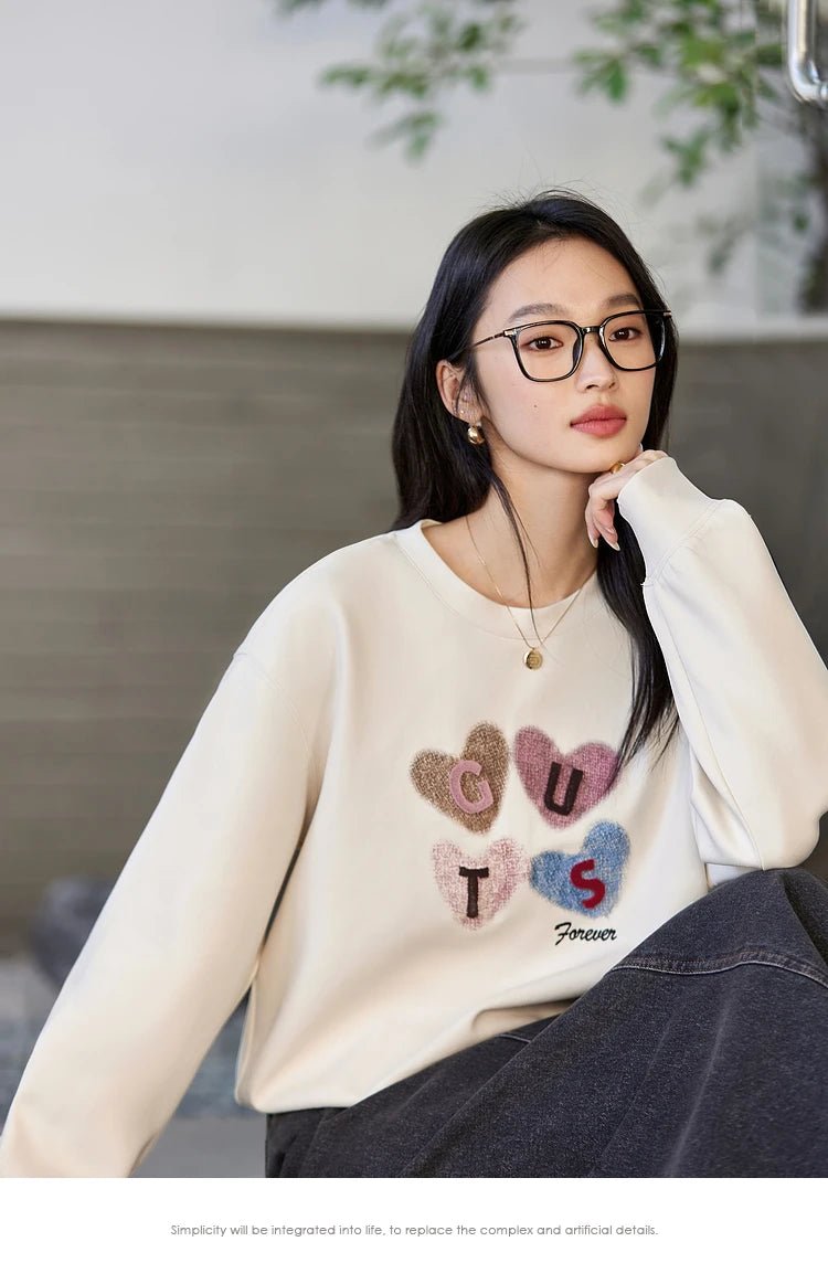 VIMLY Women's Graphic Sweatshirt 2025 Spring Autumn Letter Embroidered Loose Crew Neck Long Sleeve Top Woman Clothing A0399