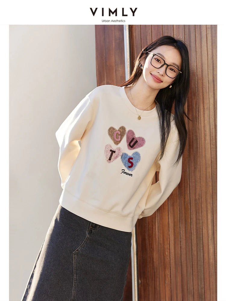 VIMLY Women's Graphic Sweatshirt 2025 Spring Autumn Letter Embroidered Loose Crew Neck Long Sleeve Top Woman Clothing A0399