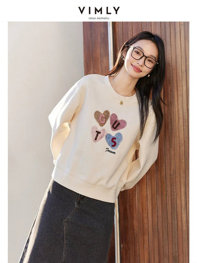 VIMLY Women's Graphic Sweatshirt 2025 Spring Autumn Letter Embroidered Loose Crew Neck Long Sleeve Top Woman Clothing A0399