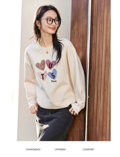VIMLY Women's Graphic Sweatshirt 2025 Spring Autumn Letter Embroidered Loose Crew Neck Long Sleeve Top Woman Clothing A0399