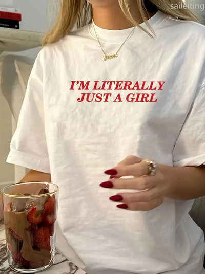 Women'S "I'm Literally Just A " Graphic Sleeve T-Shirt Black with Red Text Perfect for Spring  Summer Fashion Aesthetic Clothes