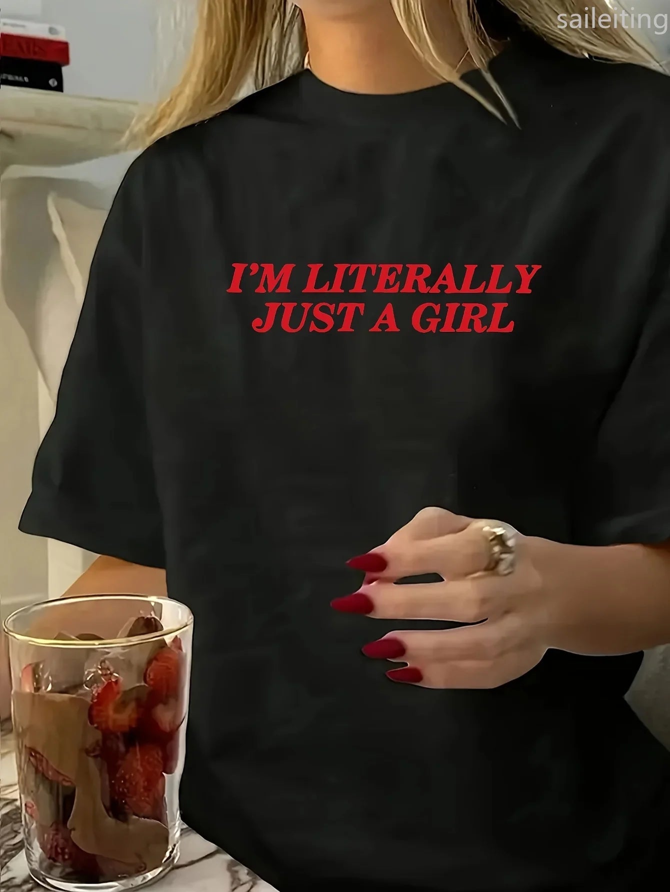 Women'S "I'm Literally Just A " Graphic Sleeve T-Shirt Black with Red Text Perfect for Spring  Summer Fashion Aesthetic Clothes