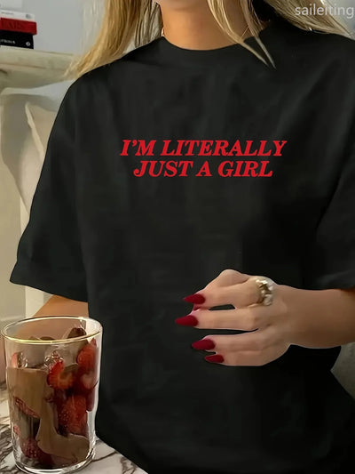 Women'S "I'm Literally Just A " Graphic Sleeve T-Shirt Black with Red Text Perfect for Spring  Summer Fashion Aesthetic Clothes