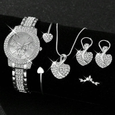 Women's Quartz Watch Gold Luxury Women Ring Necklace Earring Rhinestone Fashion Wristwatch Casual Ladies Watches Jewelry Set ﻿