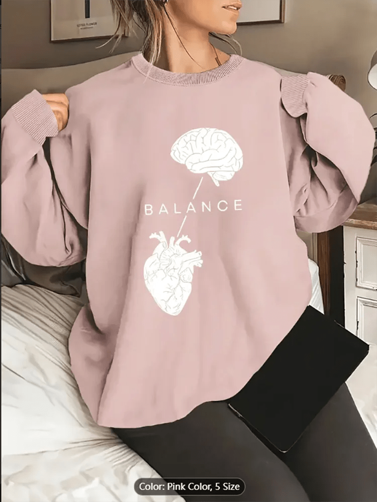 Womens Sweatshirt Balance Brain Heart Graphic Print Casual Oversized Pullover Top for Inspirational Style Lovers Pure Cotton