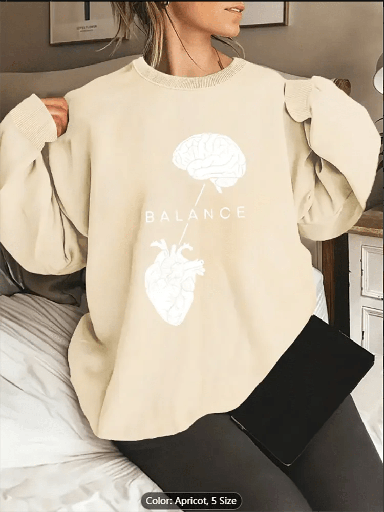 Womens Sweatshirt Balance Brain Heart Graphic Print Casual Oversized Pullover Top for Inspirational Style Lovers Pure Cotton