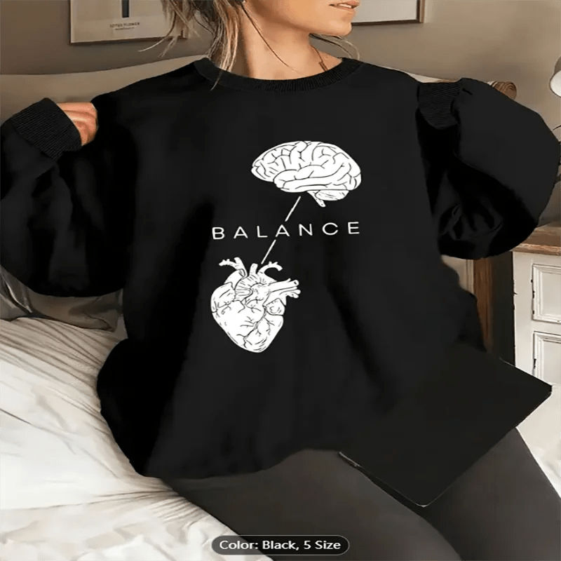 Womens Sweatshirt Balance Brain Heart Graphic Print Casual Oversized Pullover Top for Inspirational Style Lovers Pure Cotton